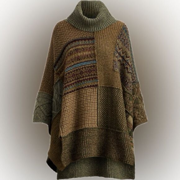 Polo Ralph Lauren Sweaters - Polo Ralph Lauren Turtleneck Knit Poncho Olive and Brown Fair Isle Patchwork